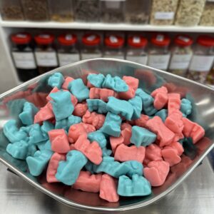 Pink and Blue bubblegum flavoured pig shaped jelly sweets